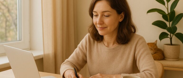 Женщина за ноутбуком у окна, работает над блогом в уютной домашней обстановке — светлая комната, растение, кот и блокнот на столе