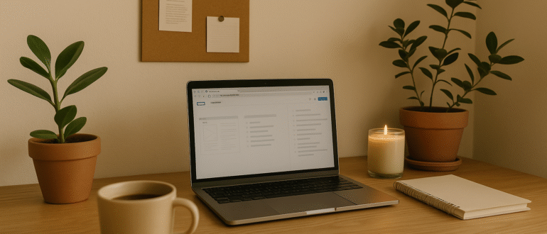 Уютное рабочее место с ноутбуком, блокнотом, кружкой кофе, свечой и комнатными растениями на деревянном столе в мягких бежевых тонах. Ведение блога