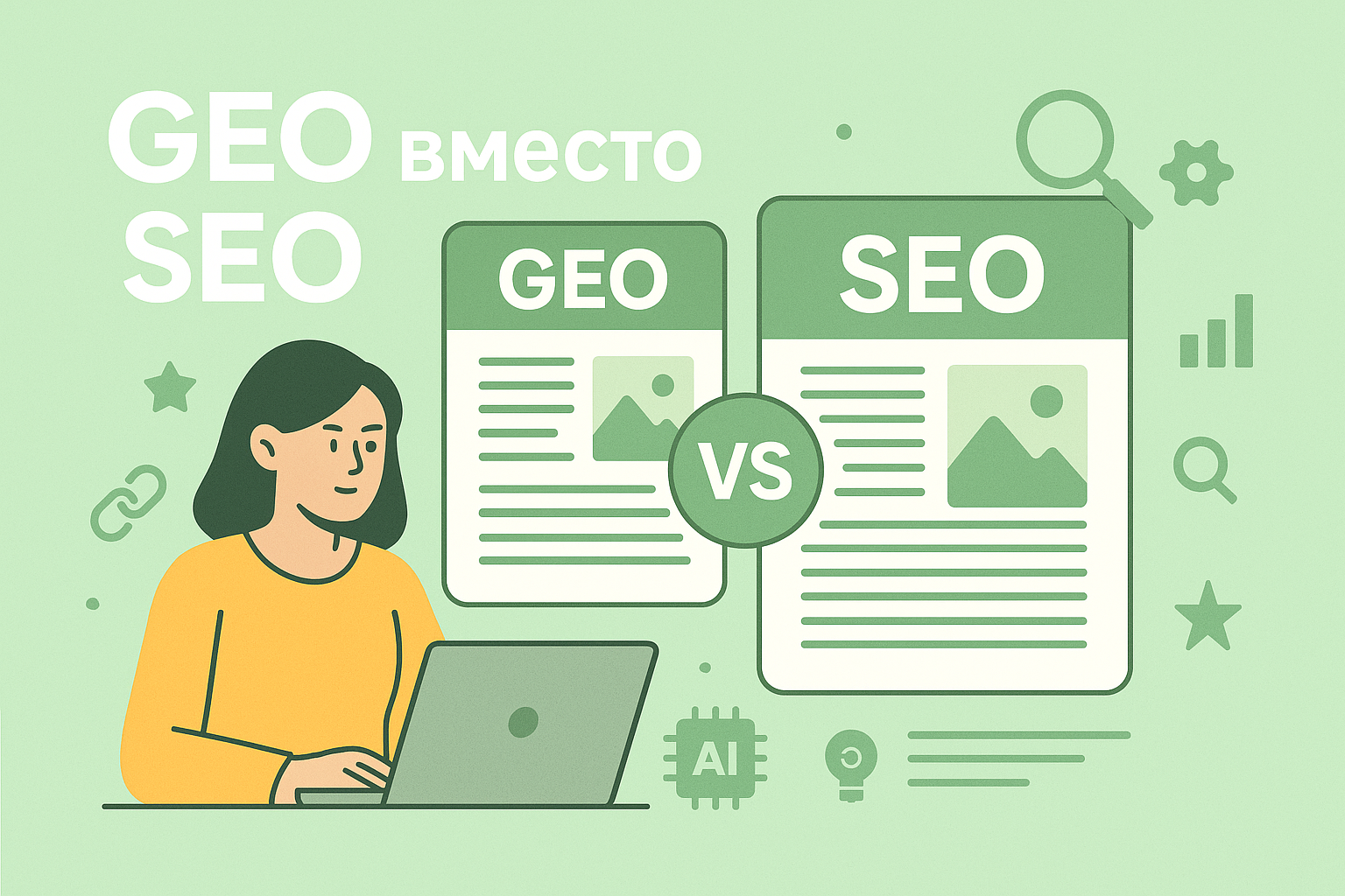 Иллюстрация сравнения GEO и SEO для продвижения блога в 2025 году: нейросети против классических методов
